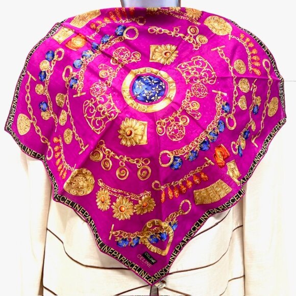 2 New Large Celine Paris Handker/Mini Scarf 20"Cotton Pink Black Gold Chain(51 - Picture 5 of 16